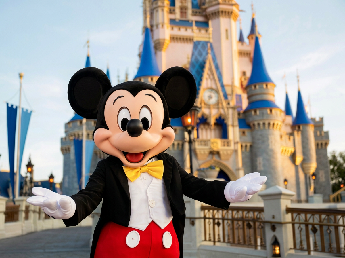Mickey Mouse in front of Cinderella Castle at Walt Disney World