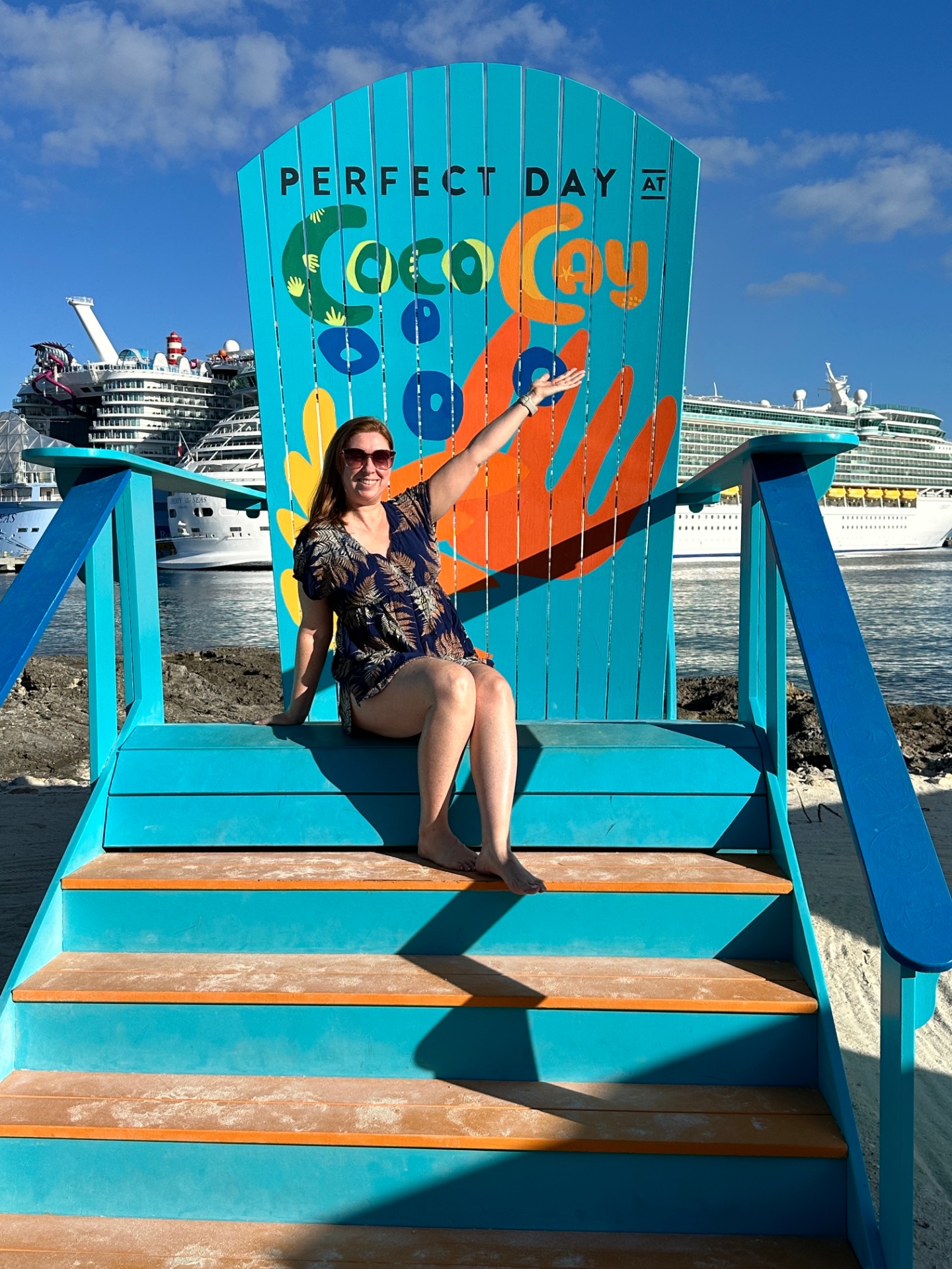 Laura in the giant Adirondack chair at Perfect Day at CocoCay