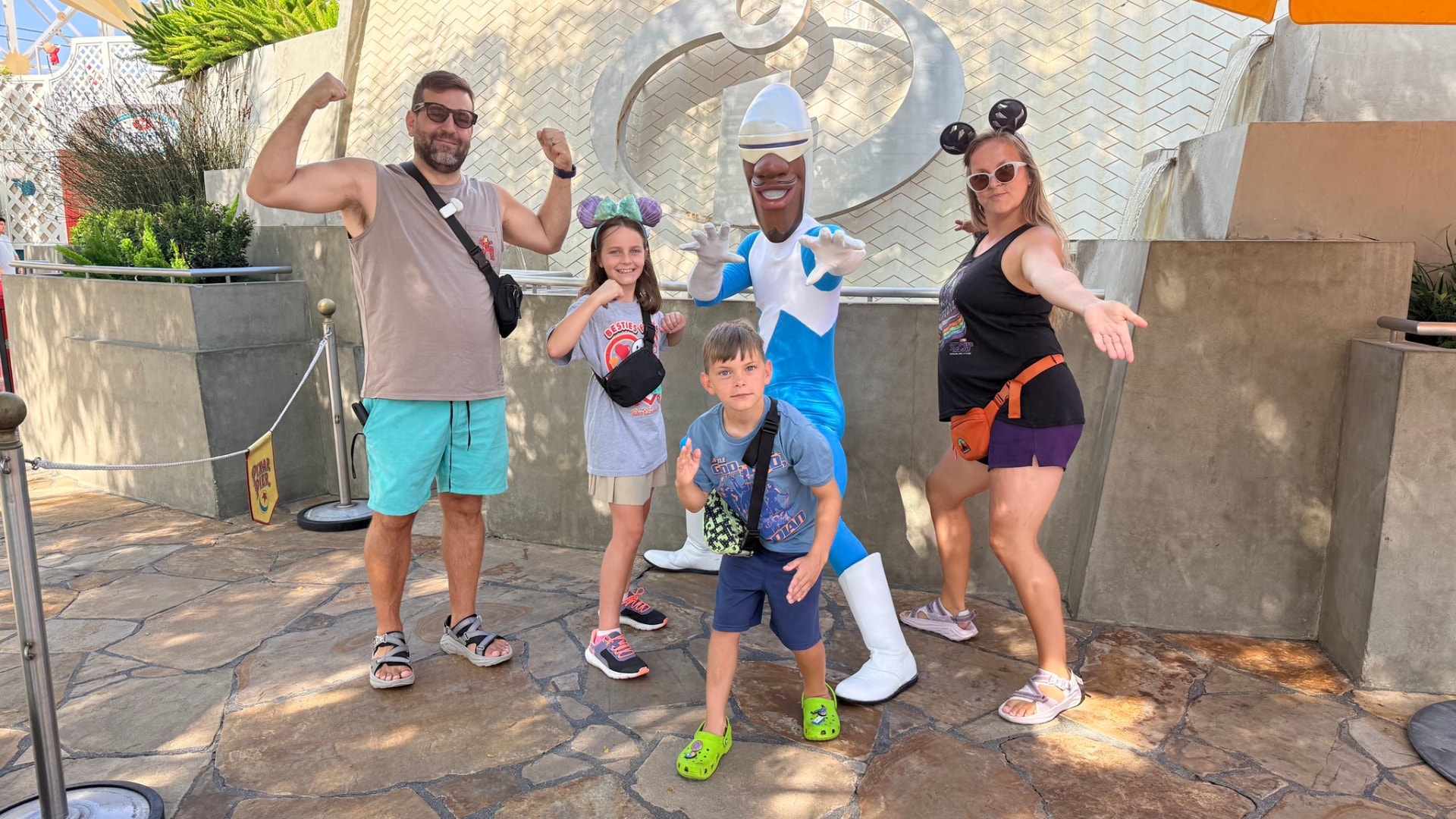 Sean Beauparlant and his family with Frozone at Disney California Adventure
