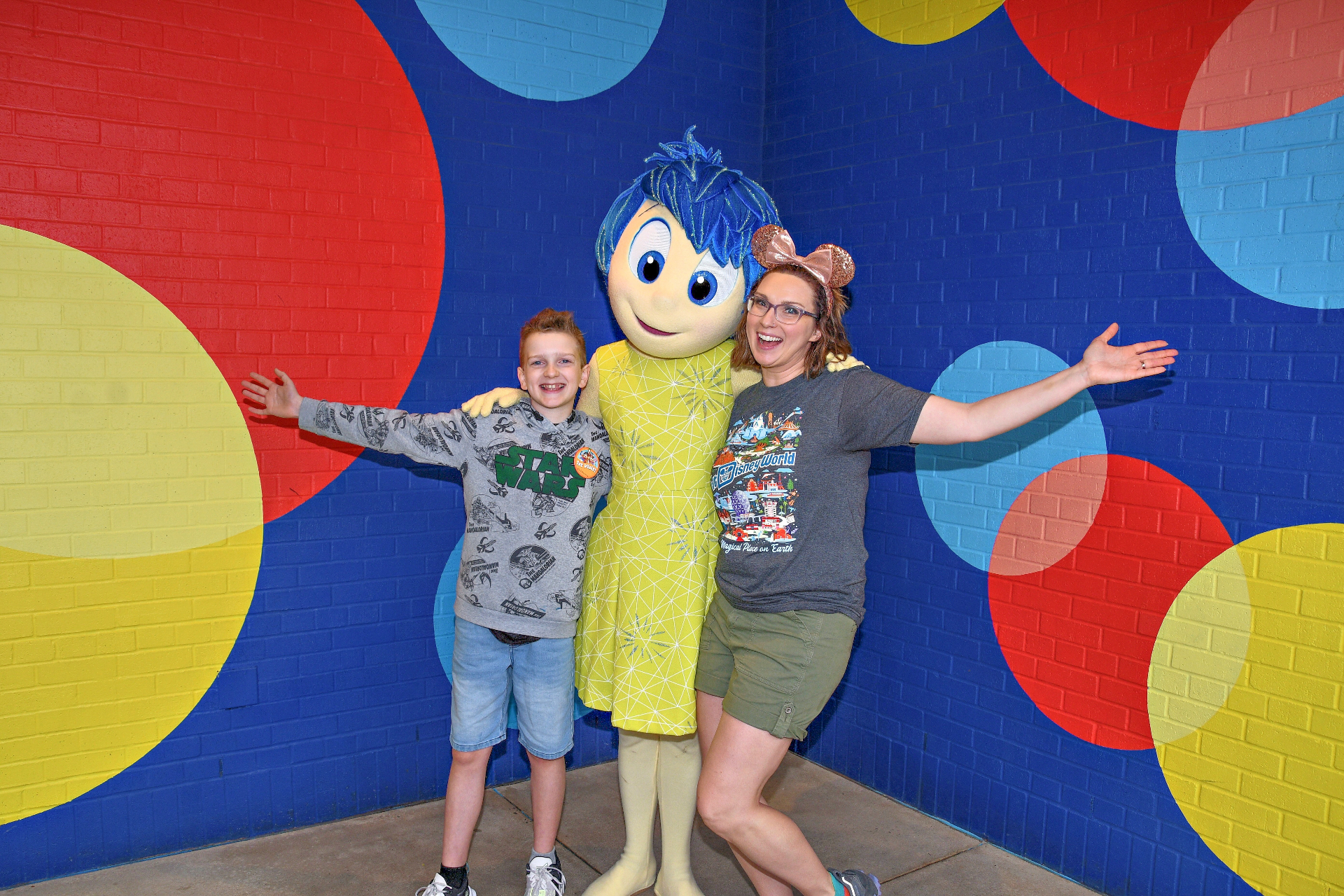 Krystal Moore and her son meeting Joy from Inside Out
