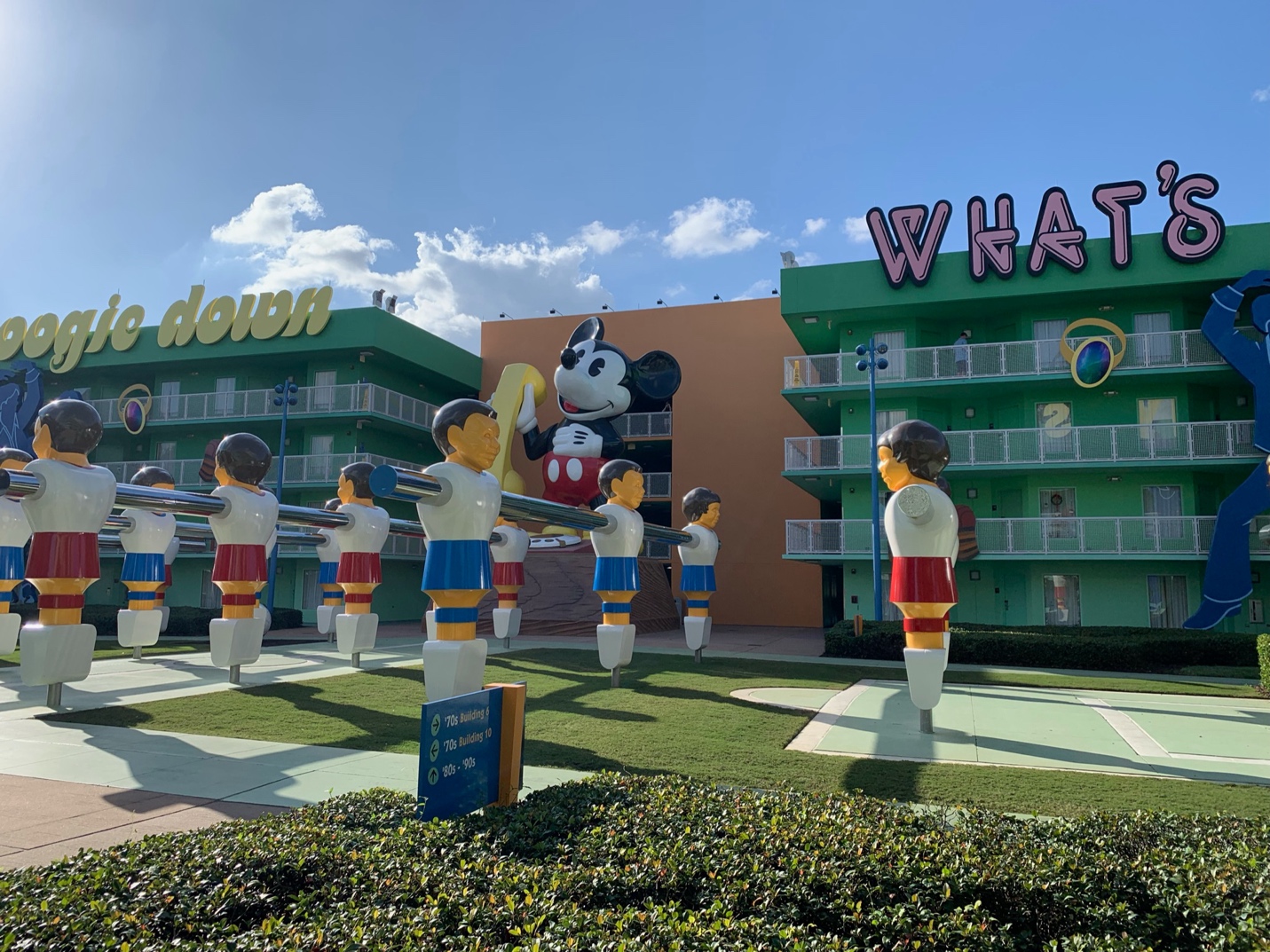 The giant foosball court and 70s buildings at Disney's Pop Century Resort