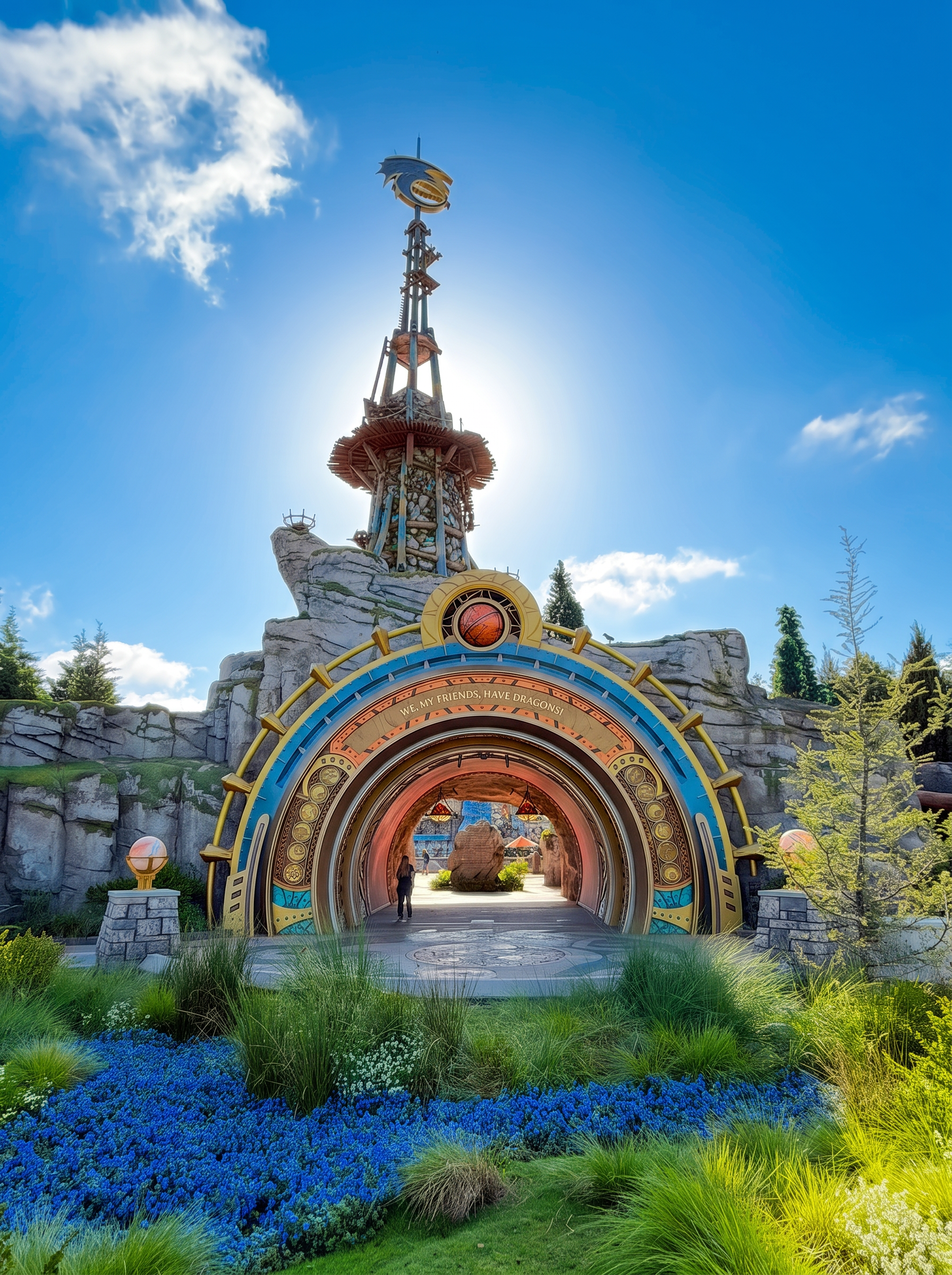 Iconic archway entrance at Universal Epic Universe theme park