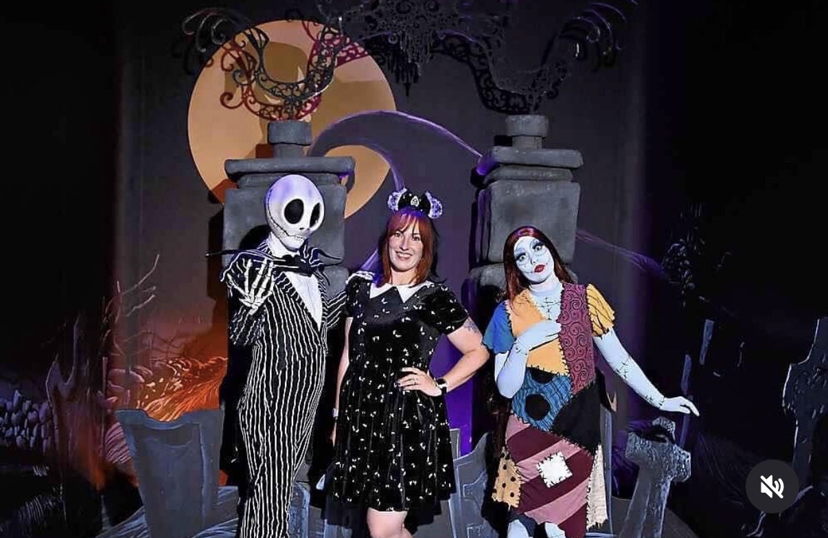Jenn Lee with Jack Skellington and Sally at Mickey's Not-So-Scary Halloween Party