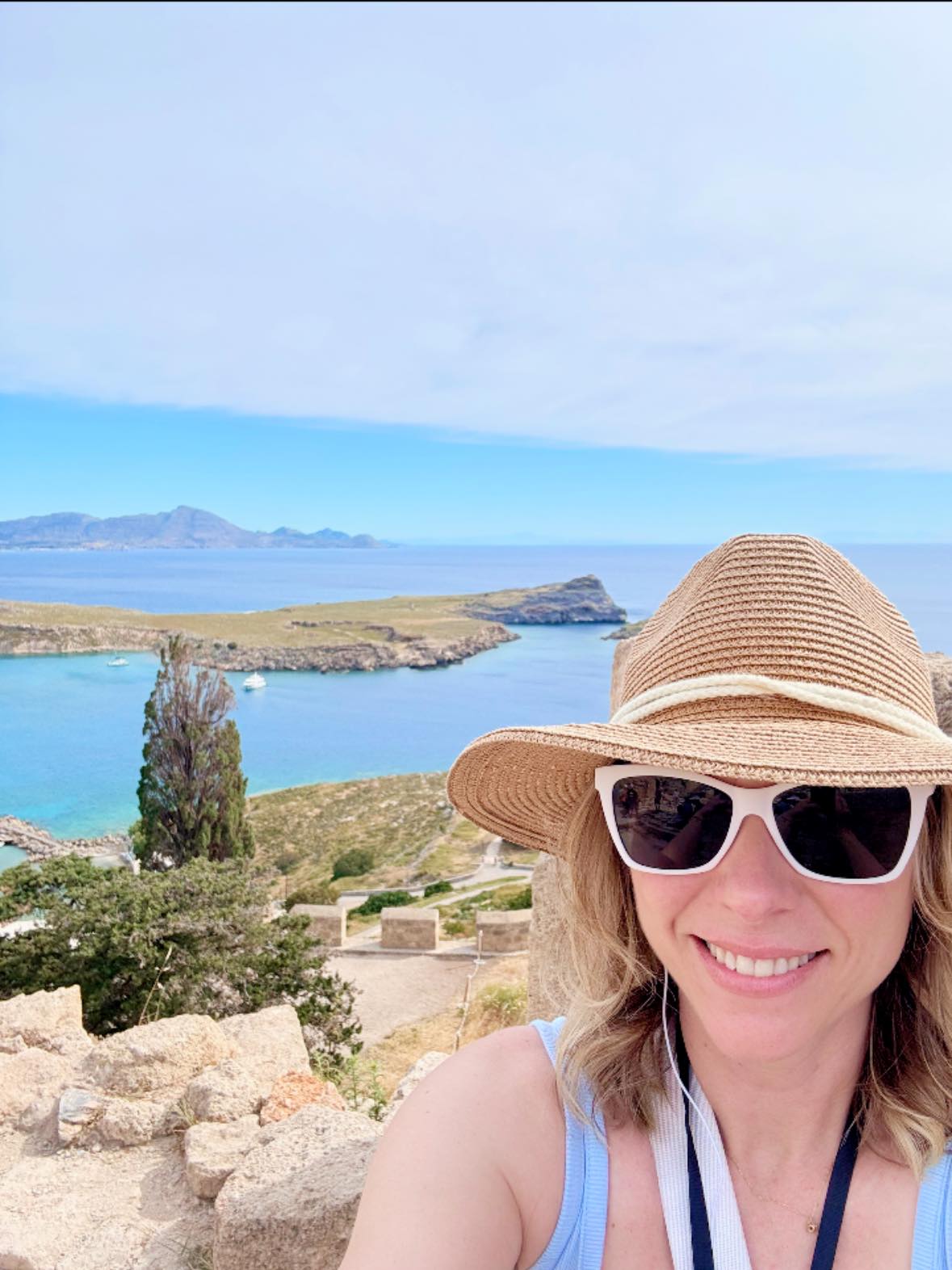 Michelle at St. Paul's Bay in Lindos, Greece during an Adventures by Disney trip