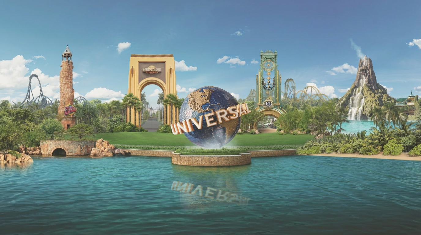 Universal Orlando Resort skyline with Volcano Bay, Islands of Adventure, and the Universal Studios arch at sunset